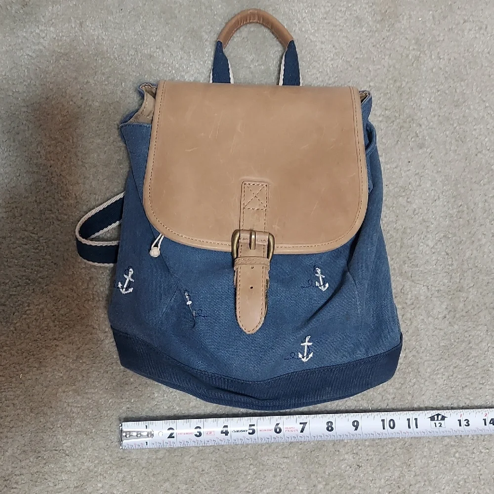 L.L. Bean Vintage Canvas & Leather Backpack Small Anchor Pattern Nautical Boho - Picture 12 of 13